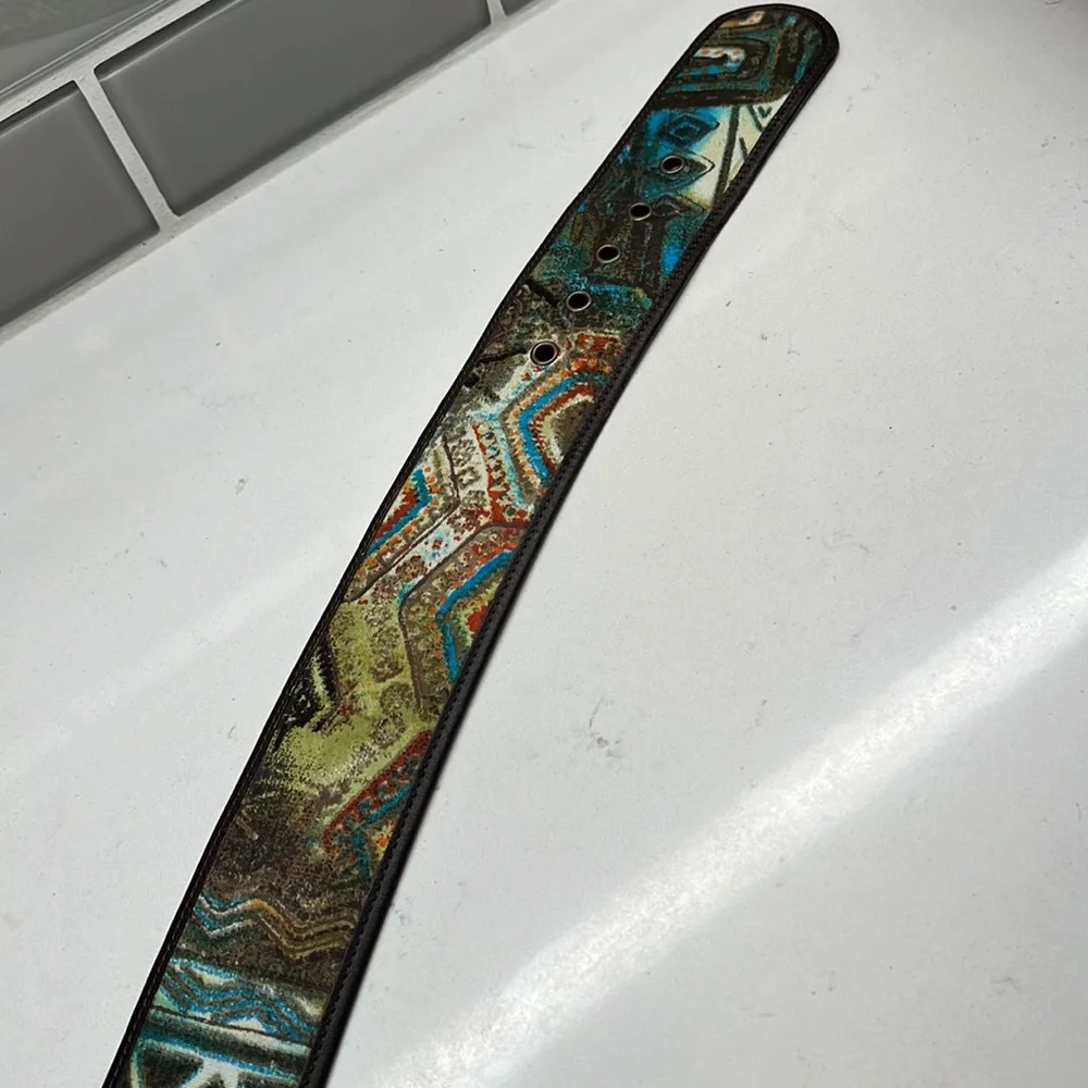Chicos Faux Leather Trim Fabric Front Belt Round Buckle Teal Abstract Print Sz S